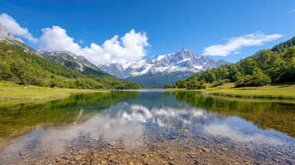 Fototapeta premium serene alpine lake reflecting majestic mountains and blue sky