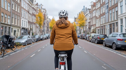 Naklejka premium Exploring Amsterdam hidden alleys on bicycle, surrounded by autumn colors