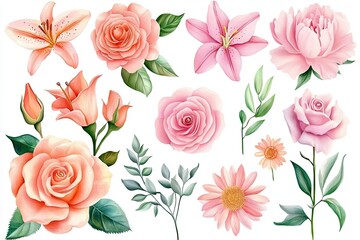 A delicate watercolor collection showcasing the gentle beauty of floral arrangements, where roses, lilies, and daisies intertwine in a harmonious dance of color and form Soft petals unfurl, revealing