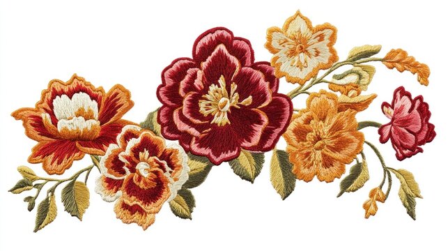 Embroidered floral design with rich burgundy, orange and cream flowers, detailed with intricate stitching on stems and leaves