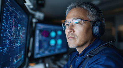 Focused man analyzing data on multiple screens in high tech environment