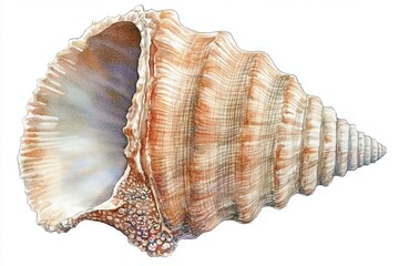 Obraz premium A delicate watercolor painting captures the intricate beauty of a solitary seashell, its spiraling form rendered with soft, muted tones The artist's brushstrokes reveal the shell's textured surface