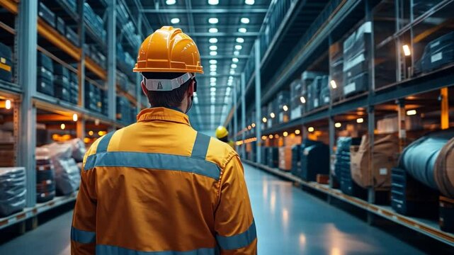 Warehouse Inspection: An industrial worker, viewed from behind, navigates through a spacious warehouse. Equipped with a hardhat and high-visibility uniform, he surveys the vast rows of stored items