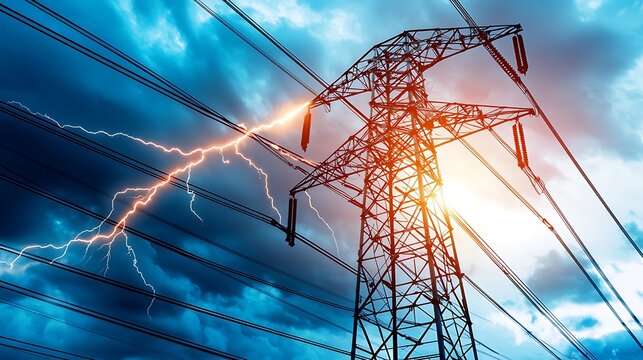 Powerful lightning strikes a high-voltage electricity pylon against a dramatic sky