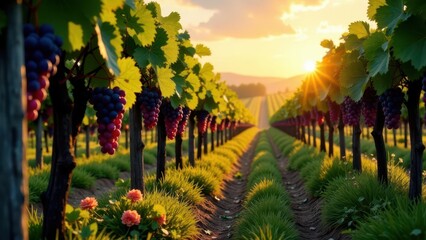 Obraz premium Golden Hour Vineyard Rows Ripe Grapes Hanging Heavy on Vines at Sunset