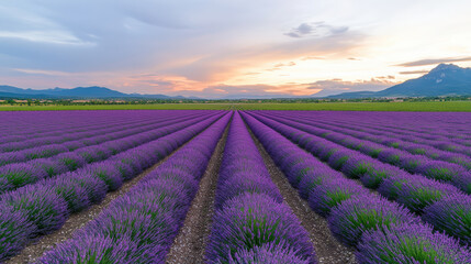 Fototapeta premium stunning view of lavender fields in Provence at sunset, showcasing vibrant purple rows