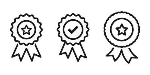 Approval , verified, quality, certified, qualified medal icon vector line set.