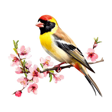 Watercolor bird on floral branch on transparent background. Generative ai design.