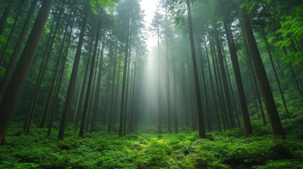 Obraz premium foggy morning hike through dense woods with beams of light shining down