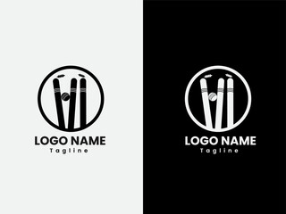 Cricket logo design with a stump, bell, and ball vector. Sports company logo design with black and white color. Cricket tournament logo design. Game. Play. 