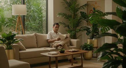 Cozy Living Room with Indoor Plants and Relaxing Atmosphere for Reading, Ideal for Relaxation and Home Decor Inspiration.