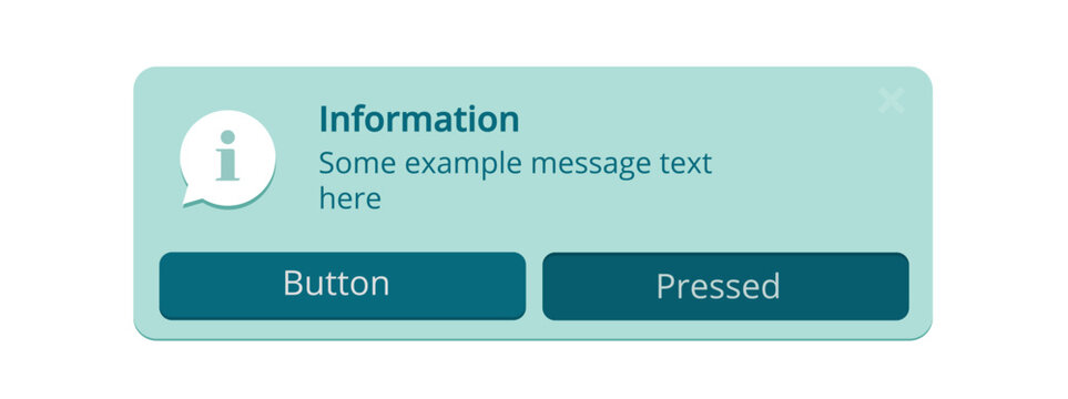 Info notification ui window for web site software interface blue modern design graphic, reminder popup push notice message with buttons states, pop up mobile text announce dialogue element template