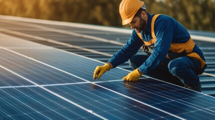 Technician installing solar panels on roof of eco-friendly home in bright sunny weather for sustainable energy solutions. Green energy and sustainability concept
