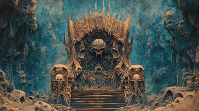 imposing throne of bone and skull dominates scene, radiating an aura of dark majesty and foreboding, creating chilling yet captivating atmosphere