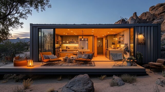 An open-plan space home with modular walls, adaptable spaces, and a panoramic space view outside 