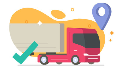 Fototapeta premium Logistic export import concept icon vector, cargo freight delivery truck lorry modern, success courier shipment service image graphic isolated with gps tack location map pin pointer 3d flat cartoon