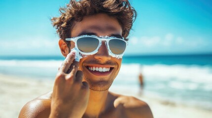 Summer Skincare: Man Applying Sunscreen at the Beach