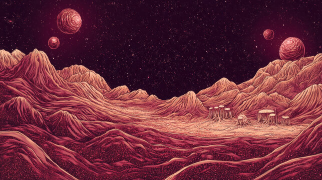 Here metadata for image, formatted as requested This landscape depicts sense of tranquility. oasis on asteroid background feels serene and peaceful, distant, calm vista of another world