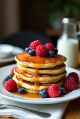A stack of fluffy pancakes drizzled with golden syrup, adorned with fresh raspberries and blueberries, a delightful breakfast treat