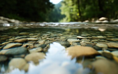 Fototapeta premium Split level shot of river rocks and flowing water in a forest