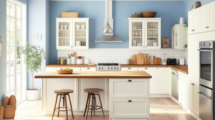 Modern farmhouse kitchen design with island and light blue accent wall