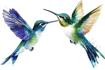 Obraz premium In a delicate dance of nature, two hummingbirds flit and flutter, their iridescent wings shimmering in the soft light A symphony of colors unfolds as the tiny creatures navigate their floral domain