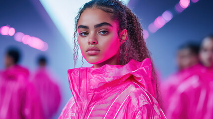 high tech fashion show featuring vibrant pink clothing and modern designs