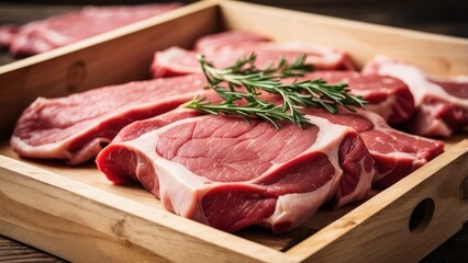 A wooden tray filled with various cuts of fresh meat,