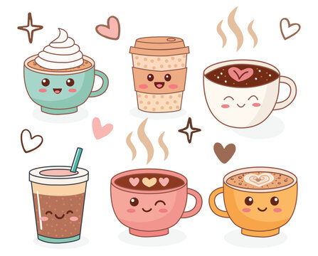 Cute cups of coffee set sticker kawaii icon