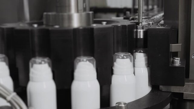 Automated capping machine installs spray valves on aerosol cans on production line.