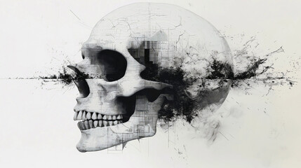 A poster featuring a graphic skull. Illustrations on the theme of horror, graphics, and illustration.