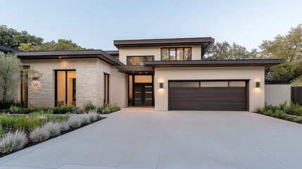Modern luxury home exterior with automatic gates and landscaped garden