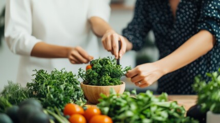 A Vegan Meal Preparation Scene Featuring a Couple in a Modern Kitchen with Fresh Ingredients and Lively Greens