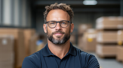 Obraz premium confident man in warehouse setting, surrounded by boxes and equipment