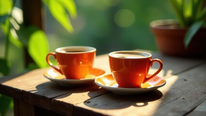 Morning sunlight illuminates two orange coffee cups on rustic wooden table, surrounded by lush greenery