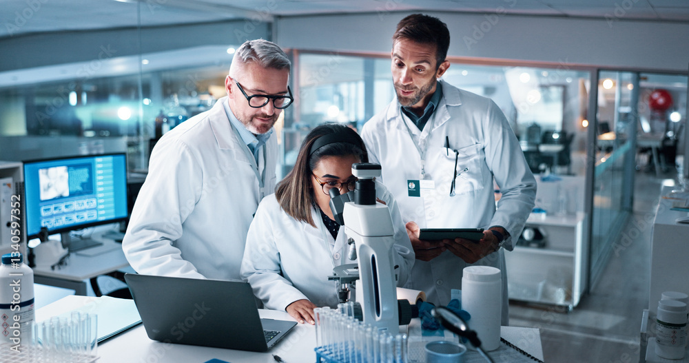 Poster Collaboration, microscope and science with people in lab together for breakthrough or development. Laptop, sample and tablet with medical research team in clinical trial for dna analysis or results
