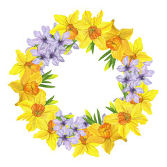 spring wreath of flowers, yellow daffodils and lilac meadow flowers, watercolor illustration for cosmetics, packaging, textiles, tableware