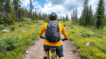 Obraz premium Mountain biker navigating rugged trail through lush greenery and trees