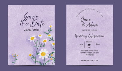 Obraz premium Watercolor soft purple textured background with white daisy Wedding Invitation Set Template