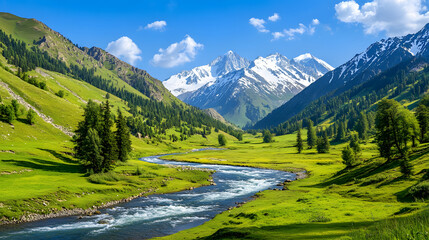 Fototapeta premium Beautiful view of green meadows and mountains with flowing river and clear blue sky. Nature background.