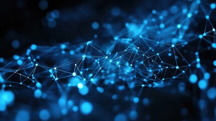 A dark background with a blue abstract design of connected lines and dots, representing technological networks and the importance of connectivity in the digital world. illustration