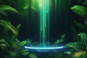 A vibrant, futuristic portal emits glowing lines in a lush, green forest, blending technology with nature's beauty.