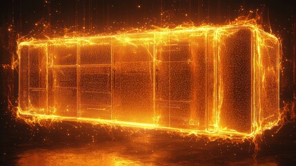 Fiery Digital Cabinet: Abstract 3D Render of a Glowing Cabinet