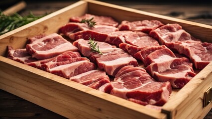 Fototapeta premium A wooden tray filled with various cuts of fresh meat,