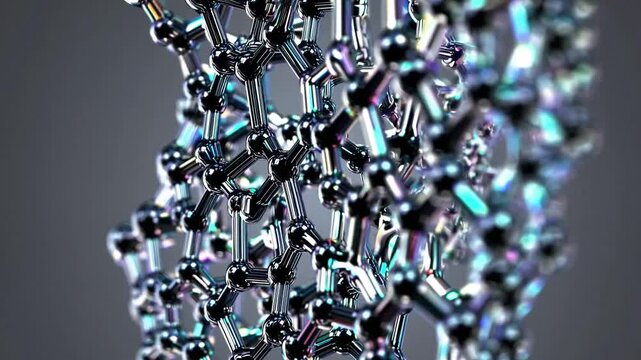 Graphene nanostructure rotating smoothly, revealing intricate molecular hexagonal lattice structure against minimalist gray backdrop, highlighting advanced scientific material design