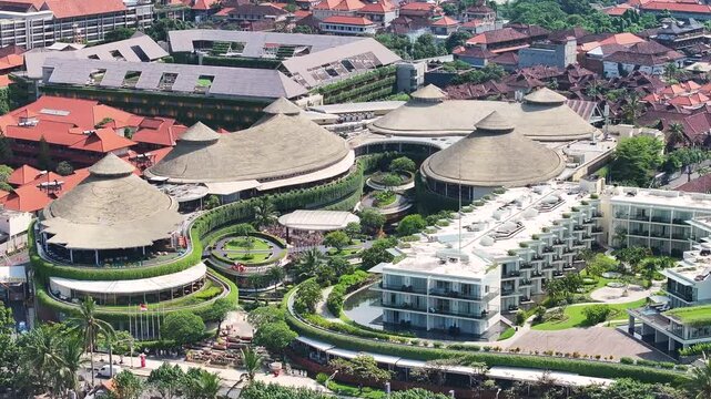Amazing aerial of commercial zone at Kuta, Bali with Shopping Centre and Hotel complexes.