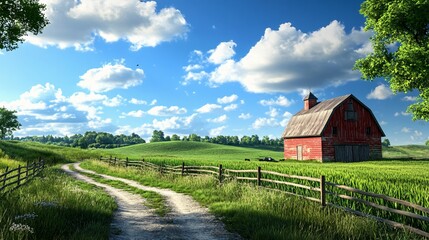 Obraz premium A scenic countryside landscape with a red barn on a farm