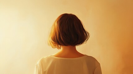 Minimalist portrait, back view of a woman with short hair, warm light, soft focus, neutral background illustration