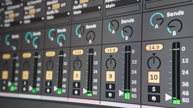 Audio monitoring. Multiple audio meters on screen. Low output volume on all channels. Music production. Close up