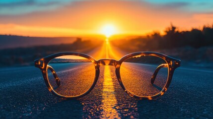 Glasses, the road is seen in sharp focus, leading towards a bright sunset in the distance clearly see the future